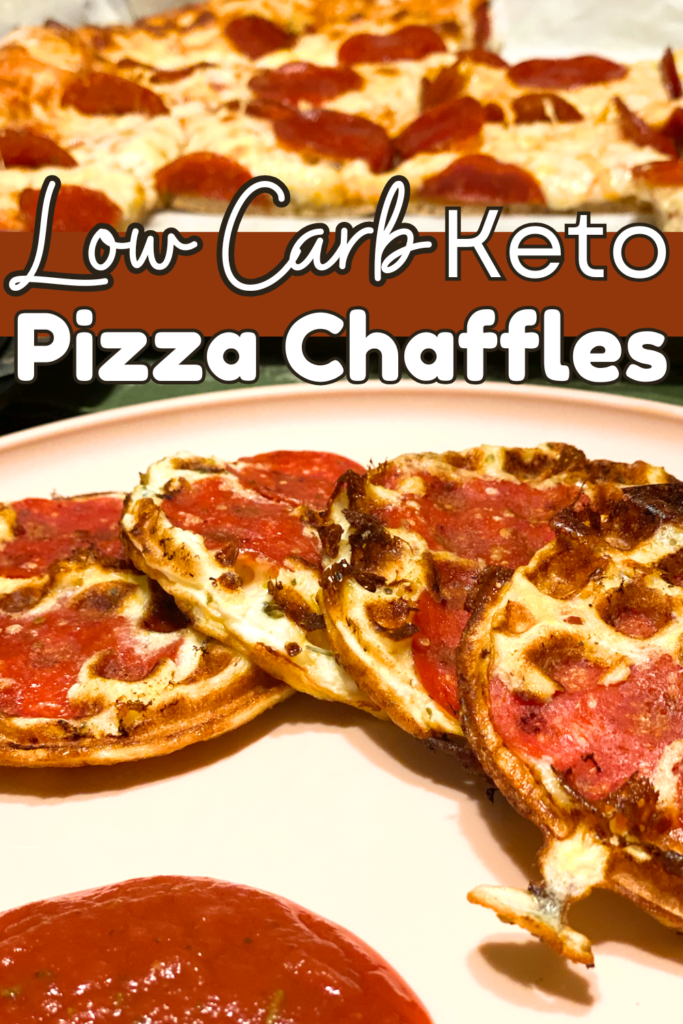 homemade pizza in the background with pizza chaffles on a plate in the foreground