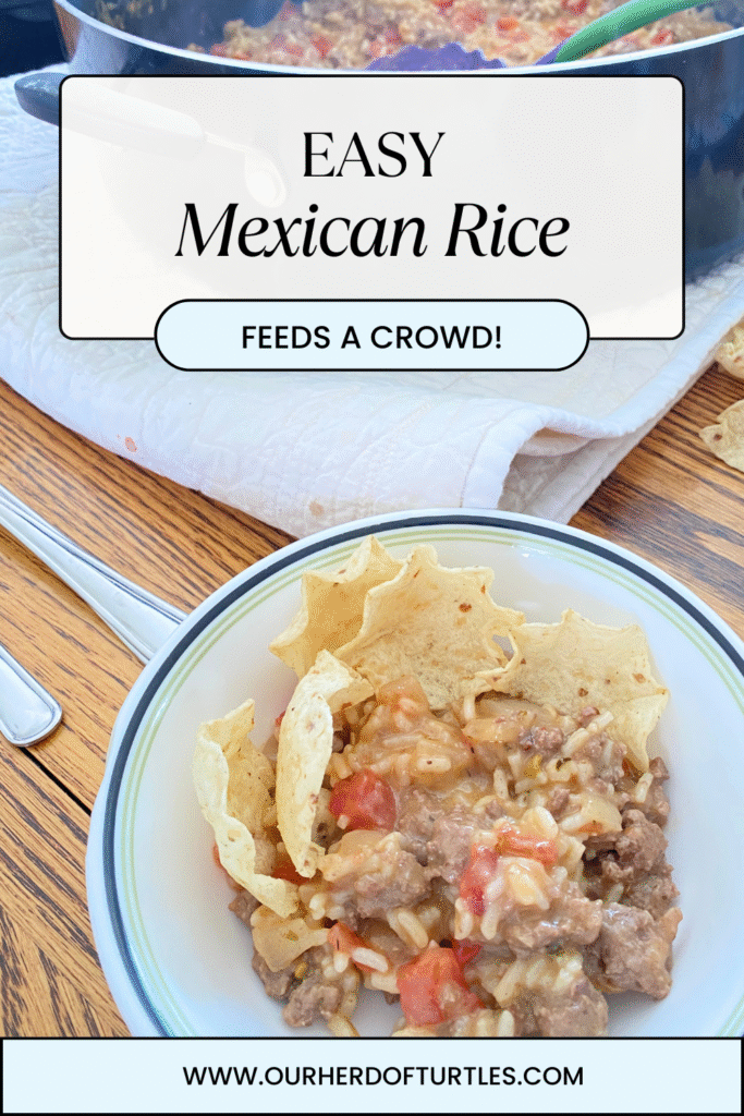mexican rice in a white bowl on a wood table with tortilla chips
