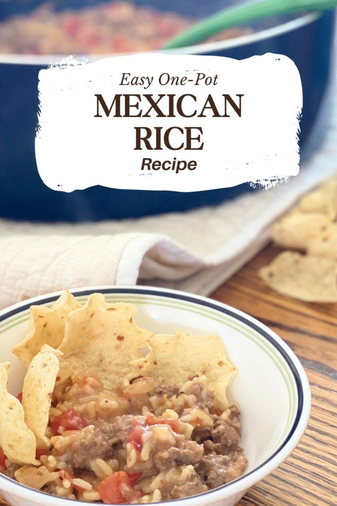 close up shot a mexican rice in a bowl with some tortilla chips and a pot of mexican rice in the background