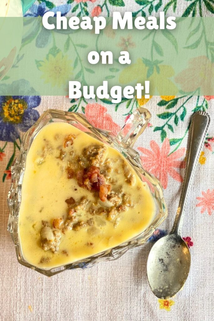 cheeseburger soup on a floral tablecloth cheap large family dinners on a budget