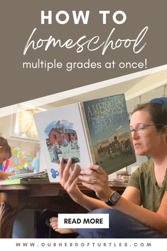 homeschool mom reading a book to her kids