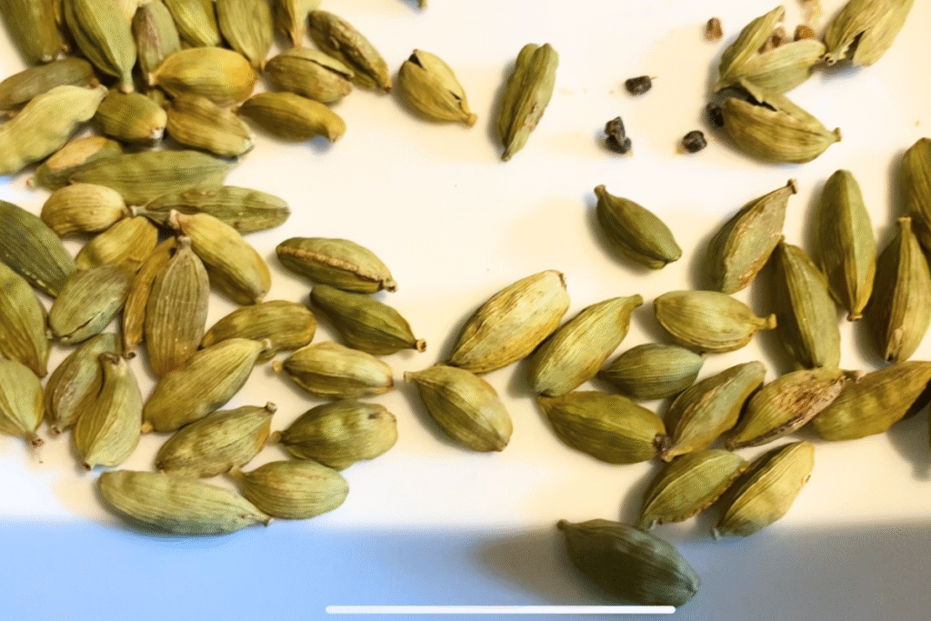 cardamom pods laying on a white background