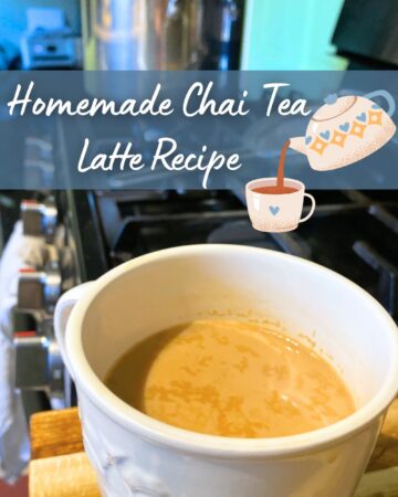 cup of chai tea latte sitting in a white mug on the counter in the kitchen