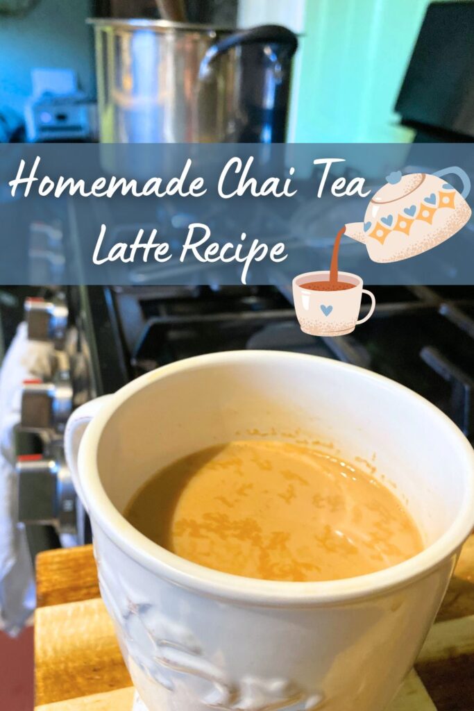 cup of homemade chai tea latte sitting on the counter in front of the stove