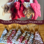 two pictures of crocheted Christmas ornaments, top picture is crocheted stars and bottom pictures is crocheted Christmas trees