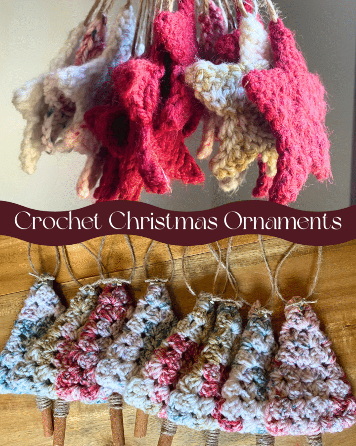 two pictures of crocheted Christmas ornaments, top picture is crocheted stars and bottom pictures is crocheted Christmas trees