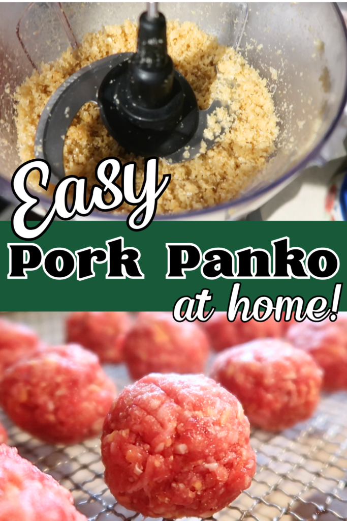 top picture of pork panko in a food processor. bottom picture of uncooked meatballs on a pan