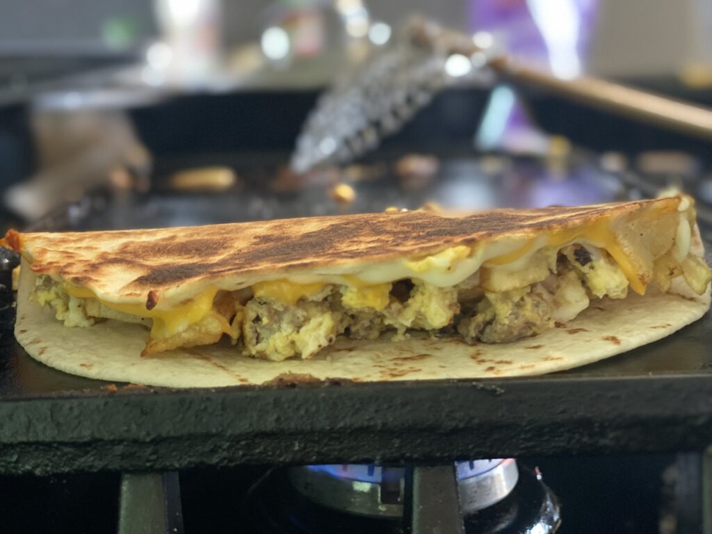close up of a breakfast quesadilla