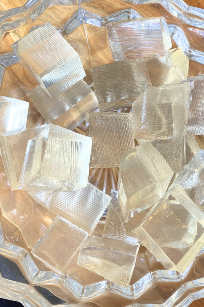 close up of clear cubes of jello