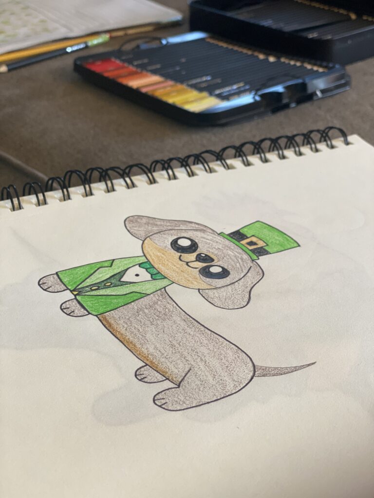 close up of a drawing of a st. patricks day dog.