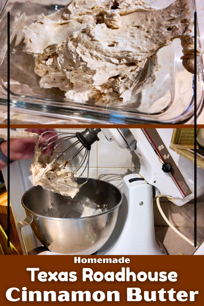 close up of homemade cinnamon butter and stand mixer with whip covered in cinnamon butter