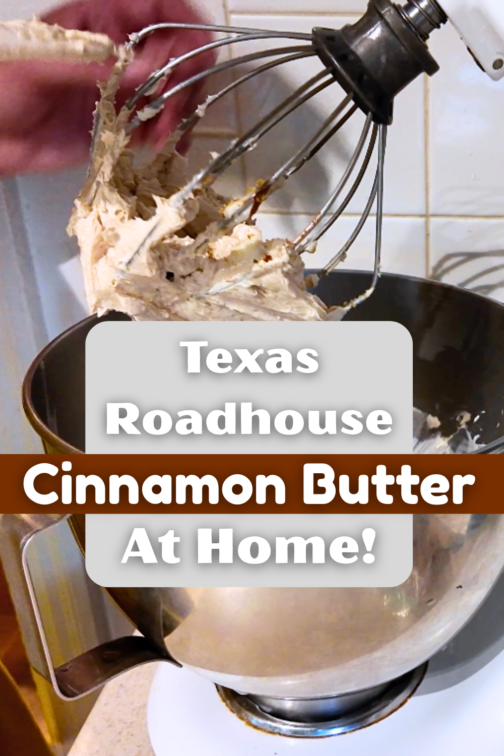 close up of stand mixer with homemade cinnamon butter on whip