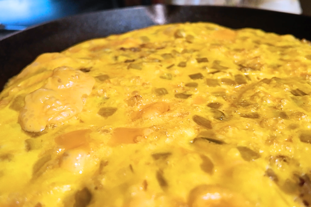 top view of a spicy sausage, egg and cheese casserole
